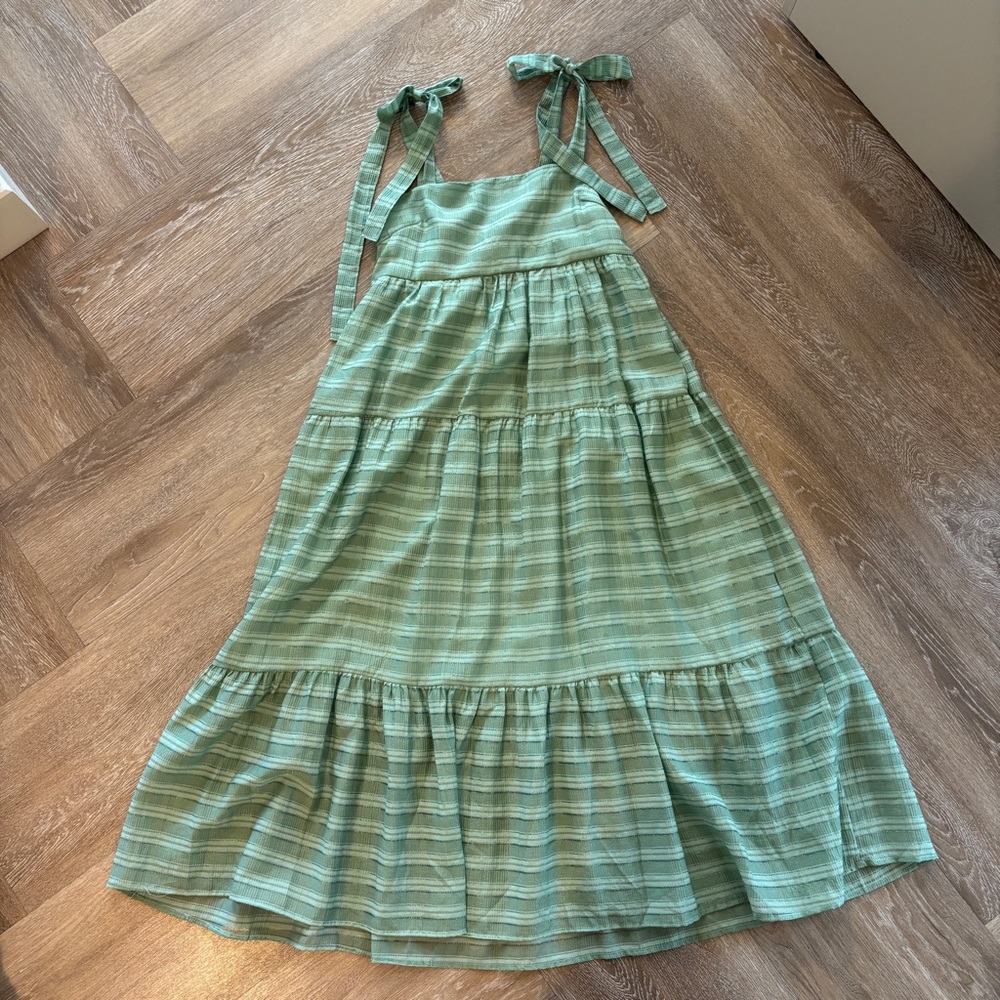 Shimmery Green Striped Bow Strap Midi Dress Size M